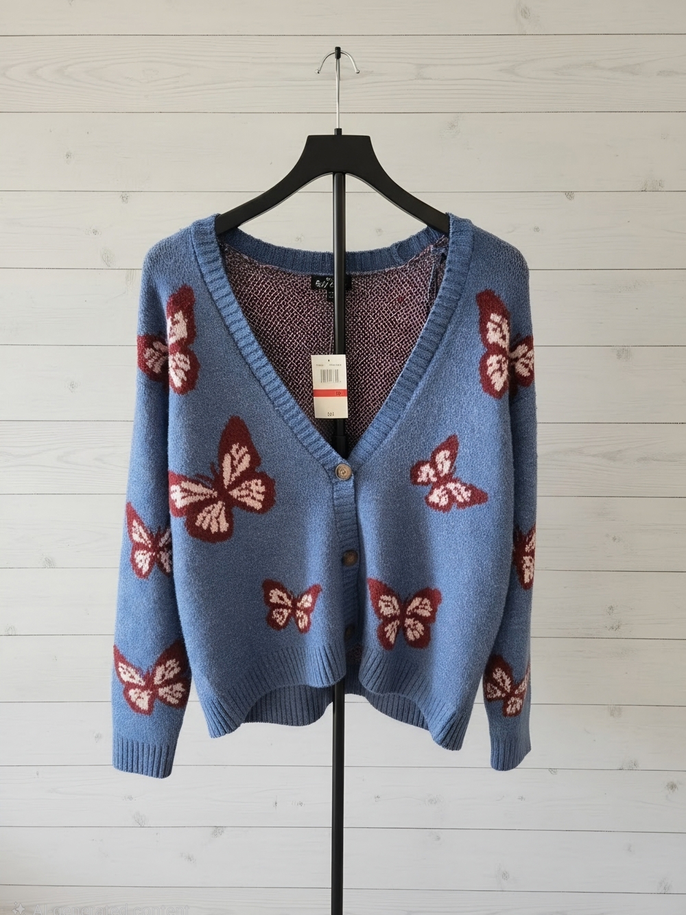 NWT Self Esteem Light Blue Butterfly V-Neck Cardigan with Red Accents - Picture 1 of 6